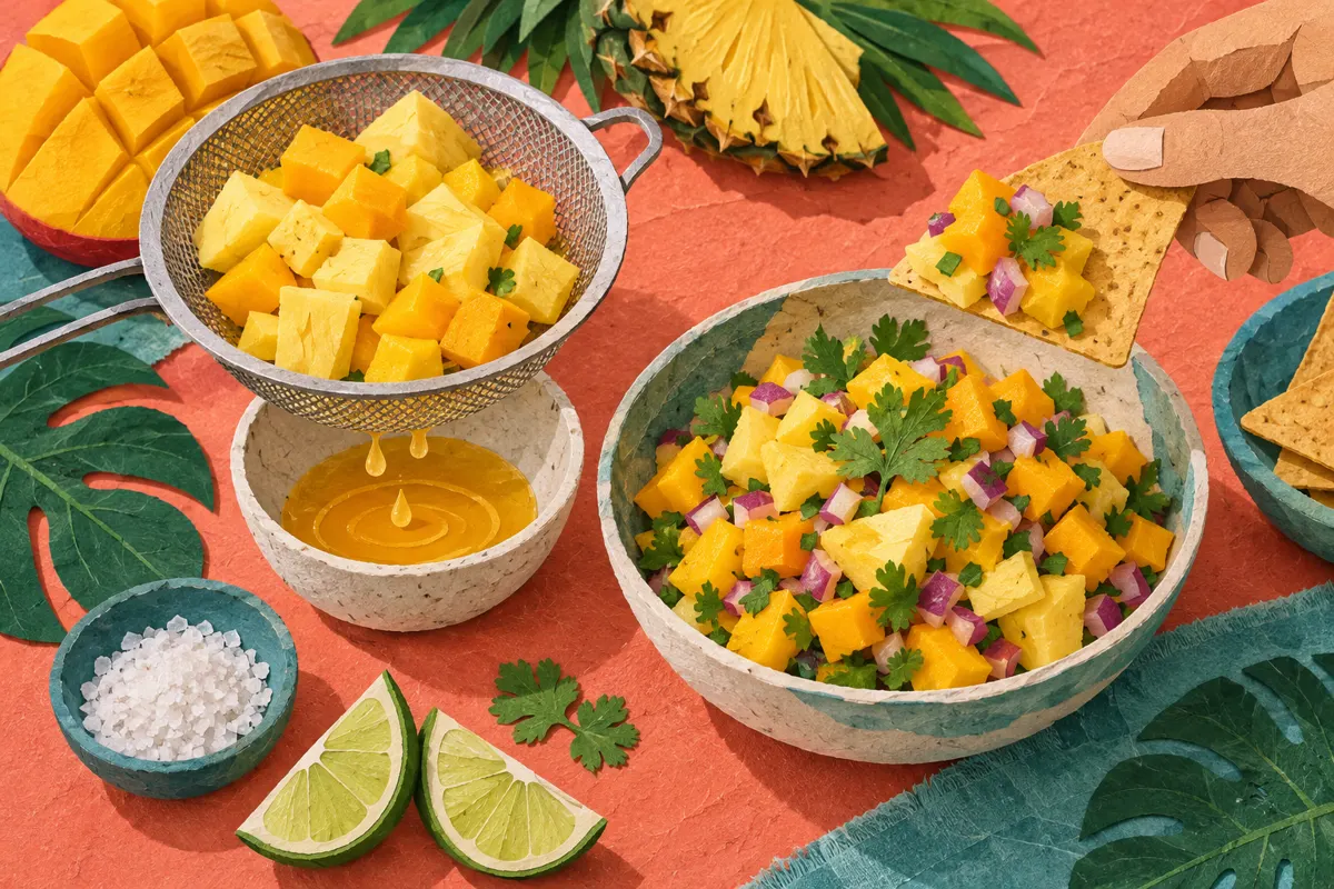Illustration of diced mango and pineapple draining beside a bowl of chunky tropical fruit salsa, with lime and salt kept separate.