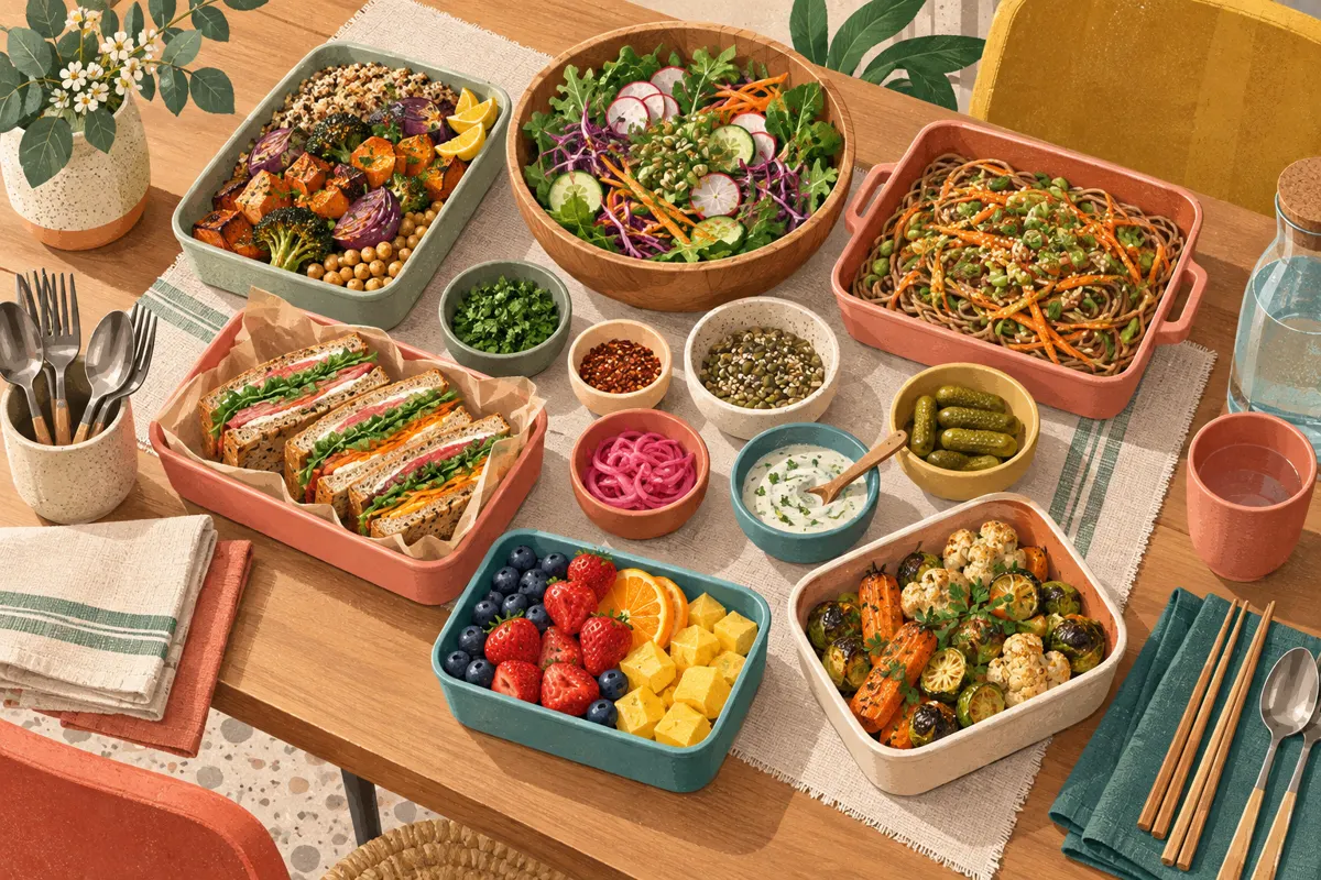 Illustration of lunch containers and separate toppings arranged for a coworker lunch swap.