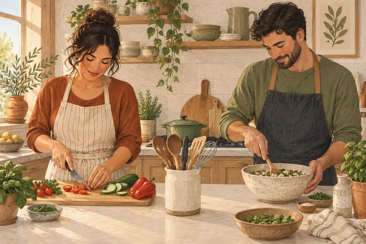 Illustration of two people cooking at separate prep spots in a small kitchen.
