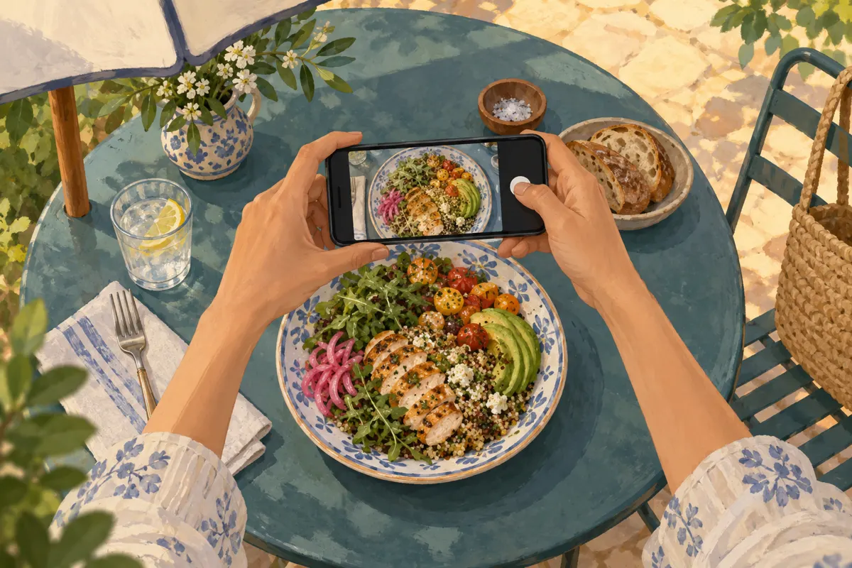 Illustration of a phone photographing a plate of food in umbrella shade at an outdoor table.
