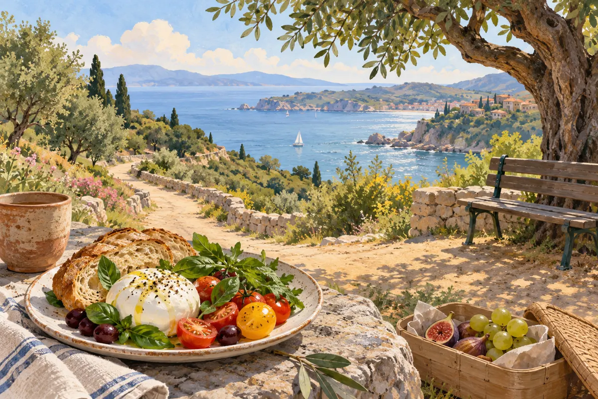 Illustration of a relaxed food outing with a meal, walking path, shaded bench and snack.