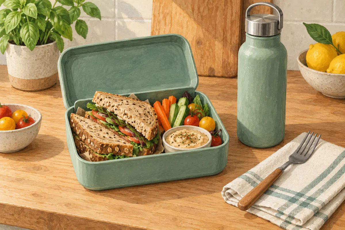 Illustration of lunch packed in reusable containers beside a water bottle, fork and cloth napkin.