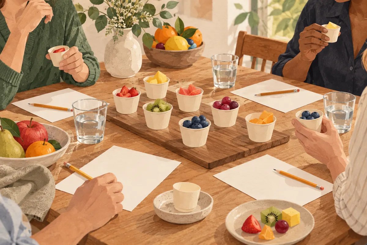 Illustration of fruit samples, blank tasting sheets and water arranged for a blind tasting game.