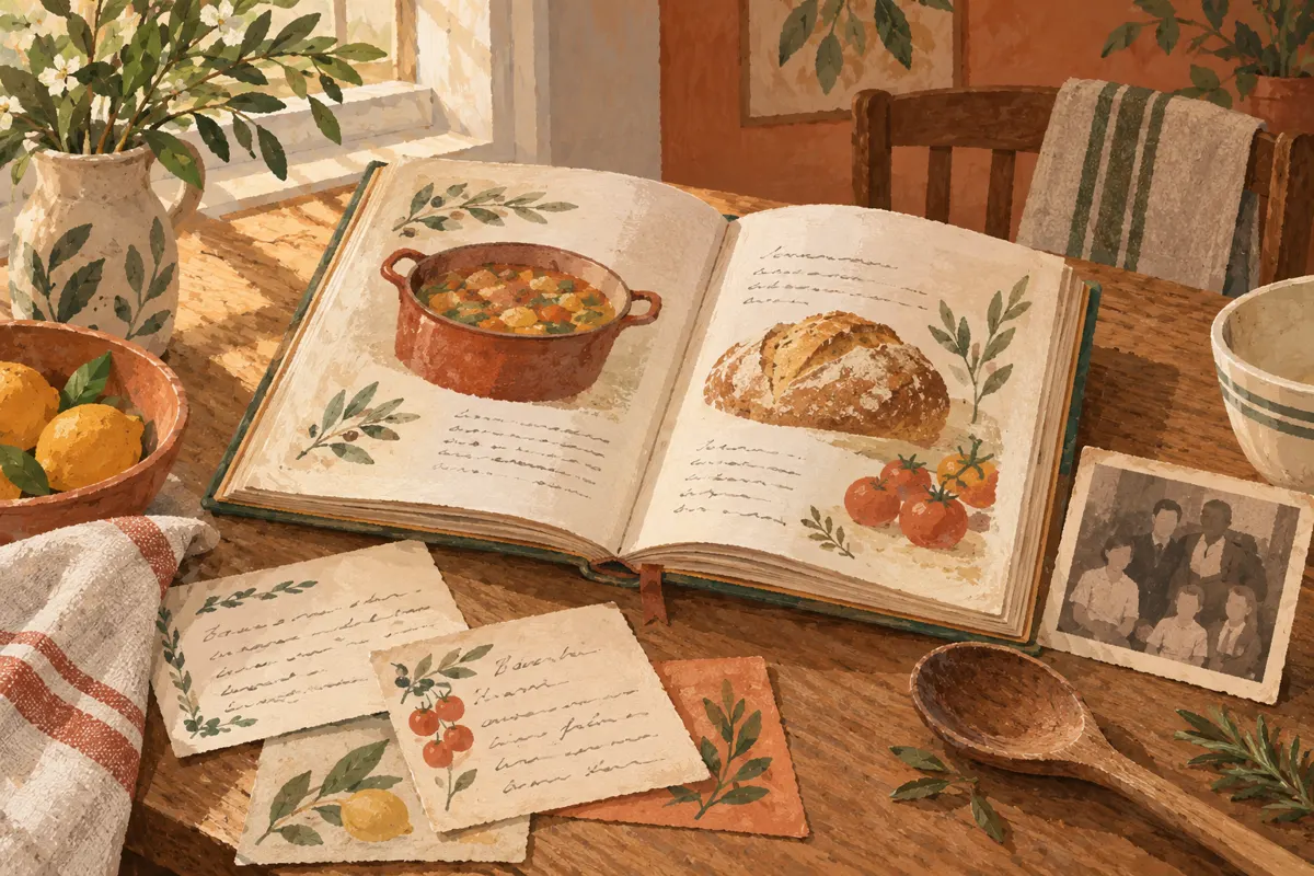 Illustration of a family cookbook surrounded by recipe cards and kitchen utensils.
